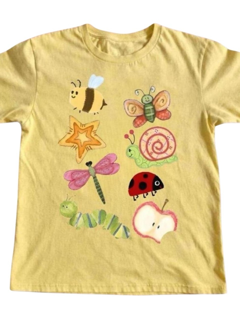 Gildan Yellow Short Sleeve Tee with Cute Bug & Apple Art